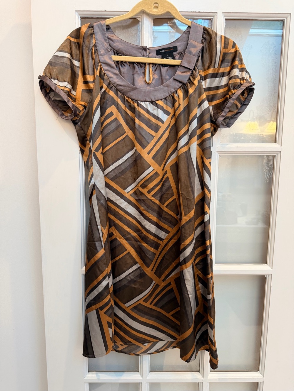 Vintage BCBGMAXAZRIA Y2K Brown & Gold Geometric Short Sleeve Dress Size Small S